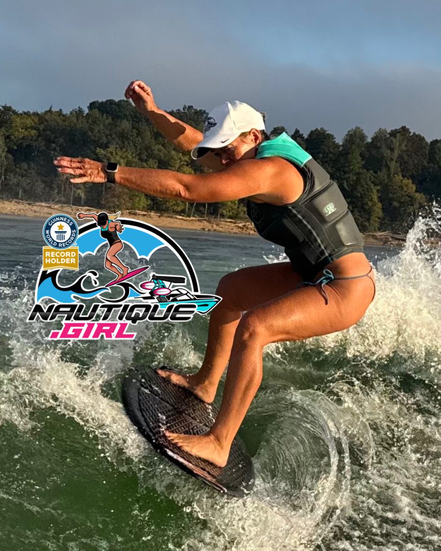 Woman wakesurfing on a sunny day.